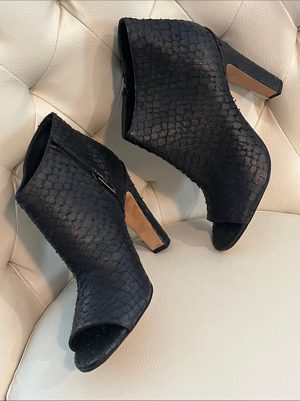 Vince Black Textured Peep-Toe Ankle Booties